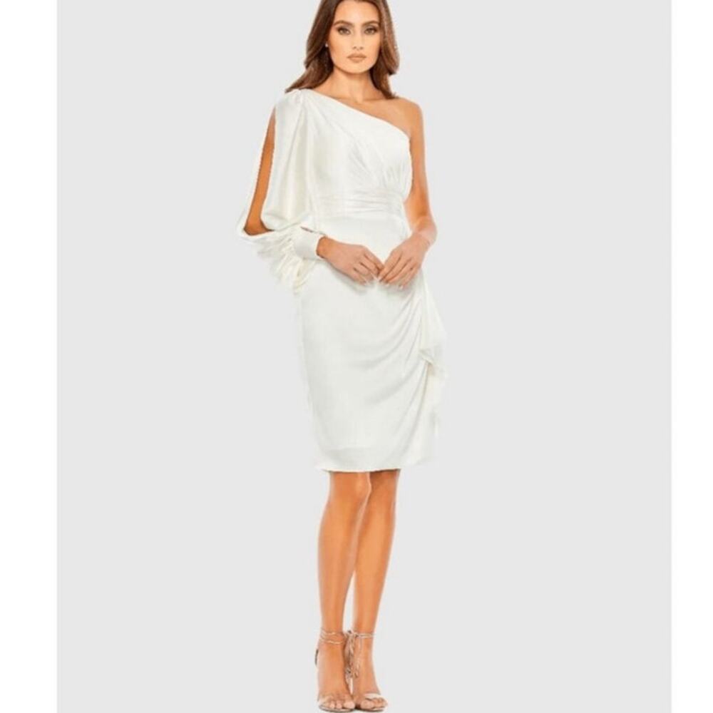 Mac Duggal Womens 55336 White Satin‎ One Shoulder Split Sleeve Ruffled Dress NWT